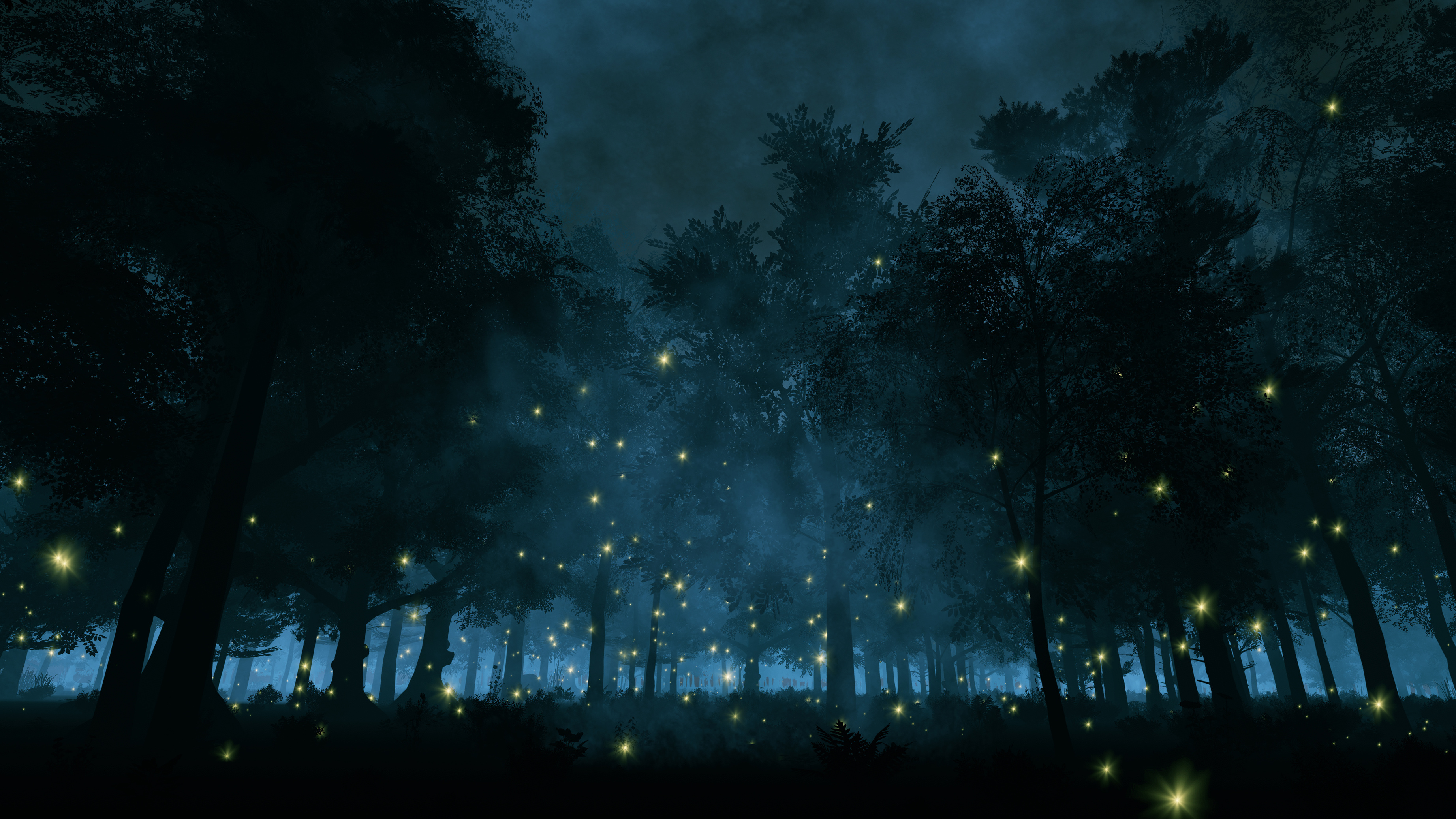 Fireflies in the night forest